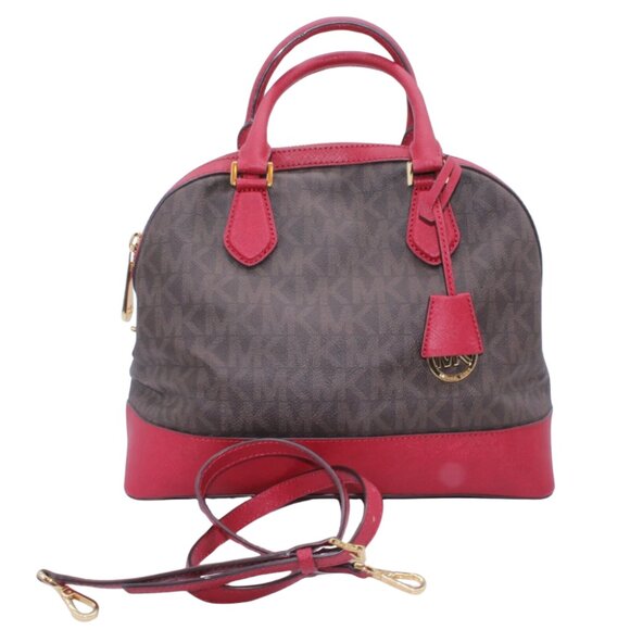 Michael Kors Bowling Shoulder Bag Purse Logo Satchel Maroon Brown Black MK Logo - Picture 1 of 12
